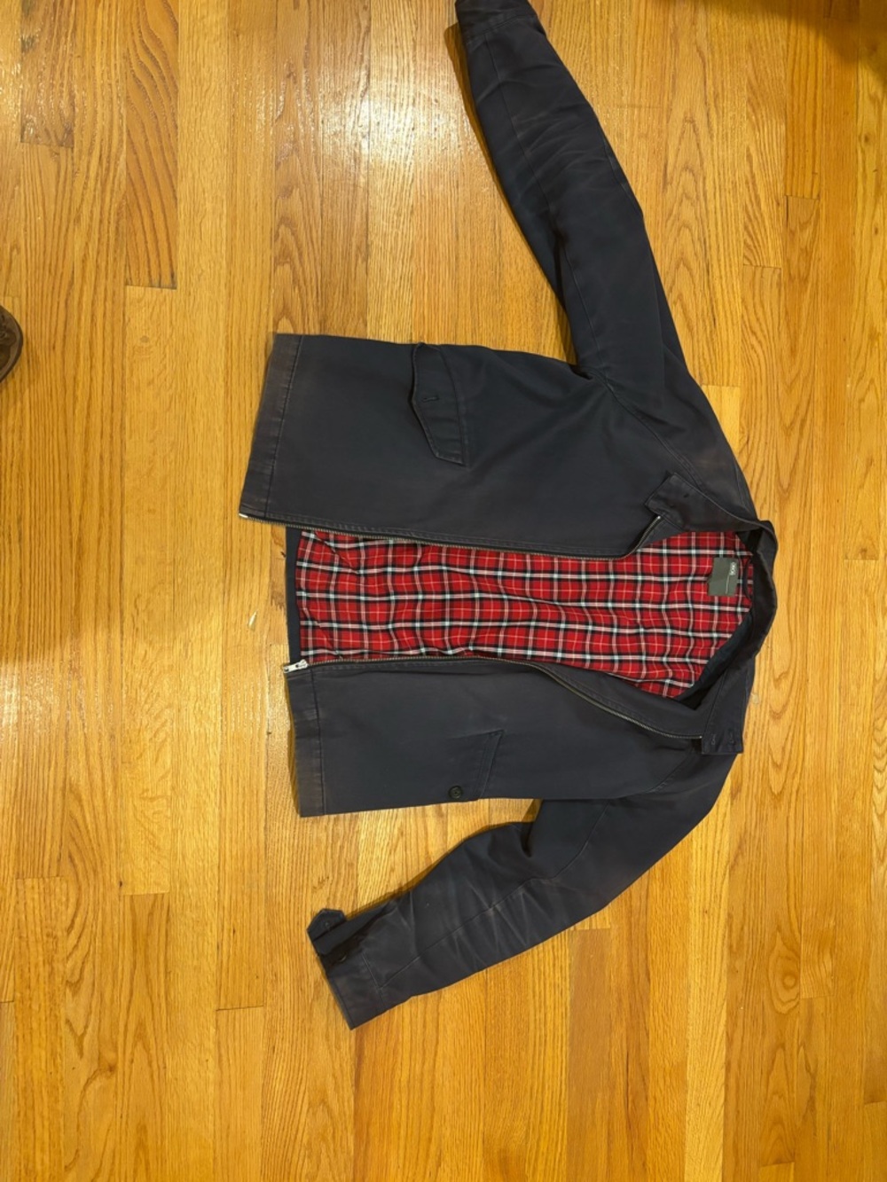 Men's Navy Harrington Jacket with Red Plaid Lining - Medium